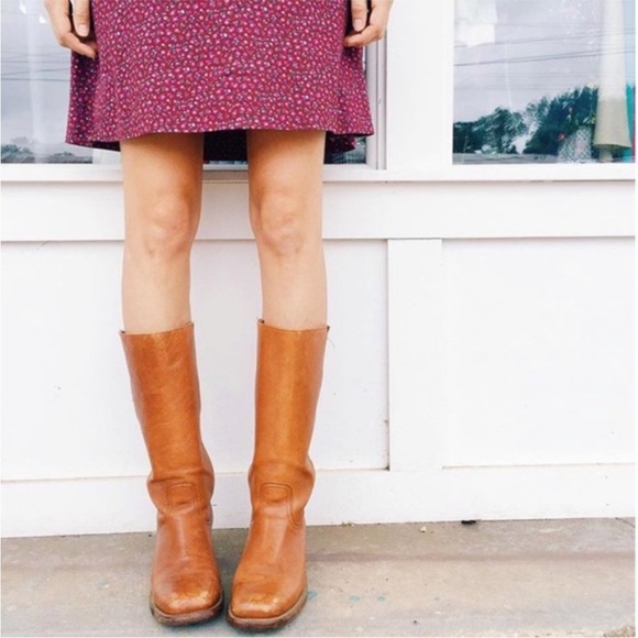 $599 Frye Campus 14L Cognac Leather Block Heel Square Knee High Tall Cowboy Boot - Picture 7 of 15